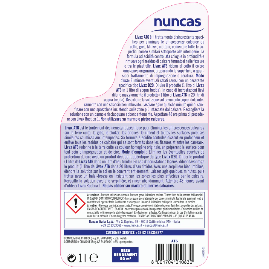 Nuncas Livax Trattamento Disincrostante AT6 Cotto e Pietre Porose - 1000ml