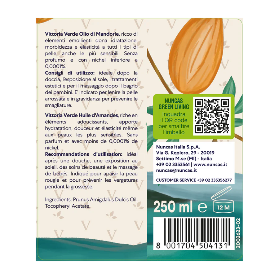 Nuncas - Olio Di Mandorle 100% Naturale Ml.250 Vittoria Verde